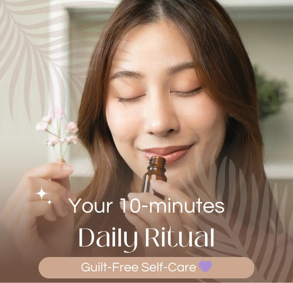 Woman holding a bottle of essential oil with text overlay about a daily ritual.
