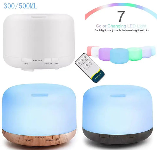 White diffuser with remote control and color-changing LED lights on a white background