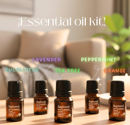 Five bottles of Sapienxt essential oils on a wooden surface with a blurred indoor background.